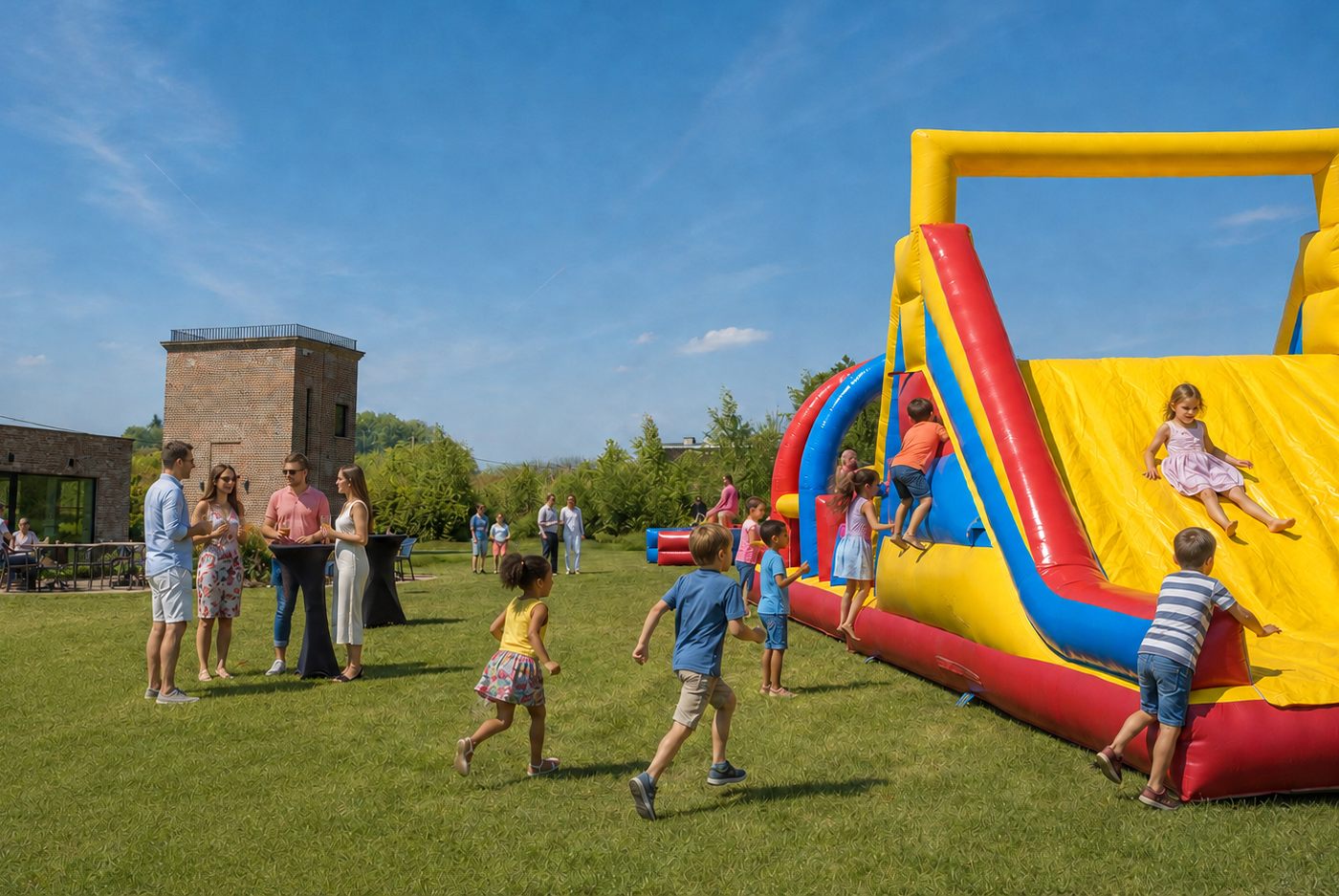 Kinderen op het springkasteel in de tuin tijdens een familiefeest