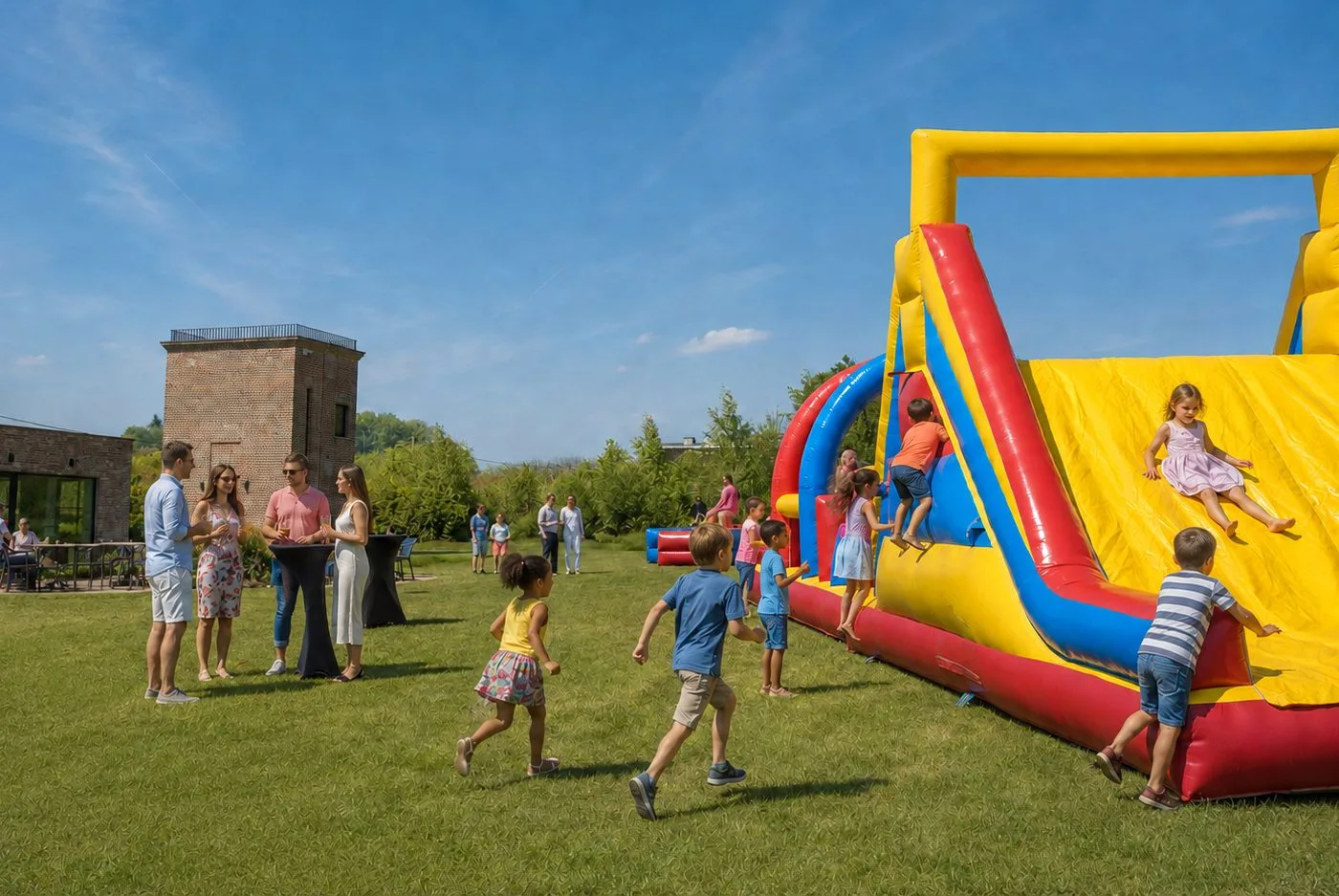 Kinderen op het springkasteel in de tuin tijdens een familiefeest