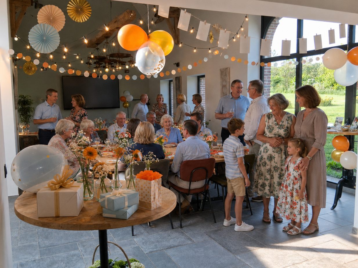 Feestelijk versierde zaal met ballonnen en slingers voor een familiefeest