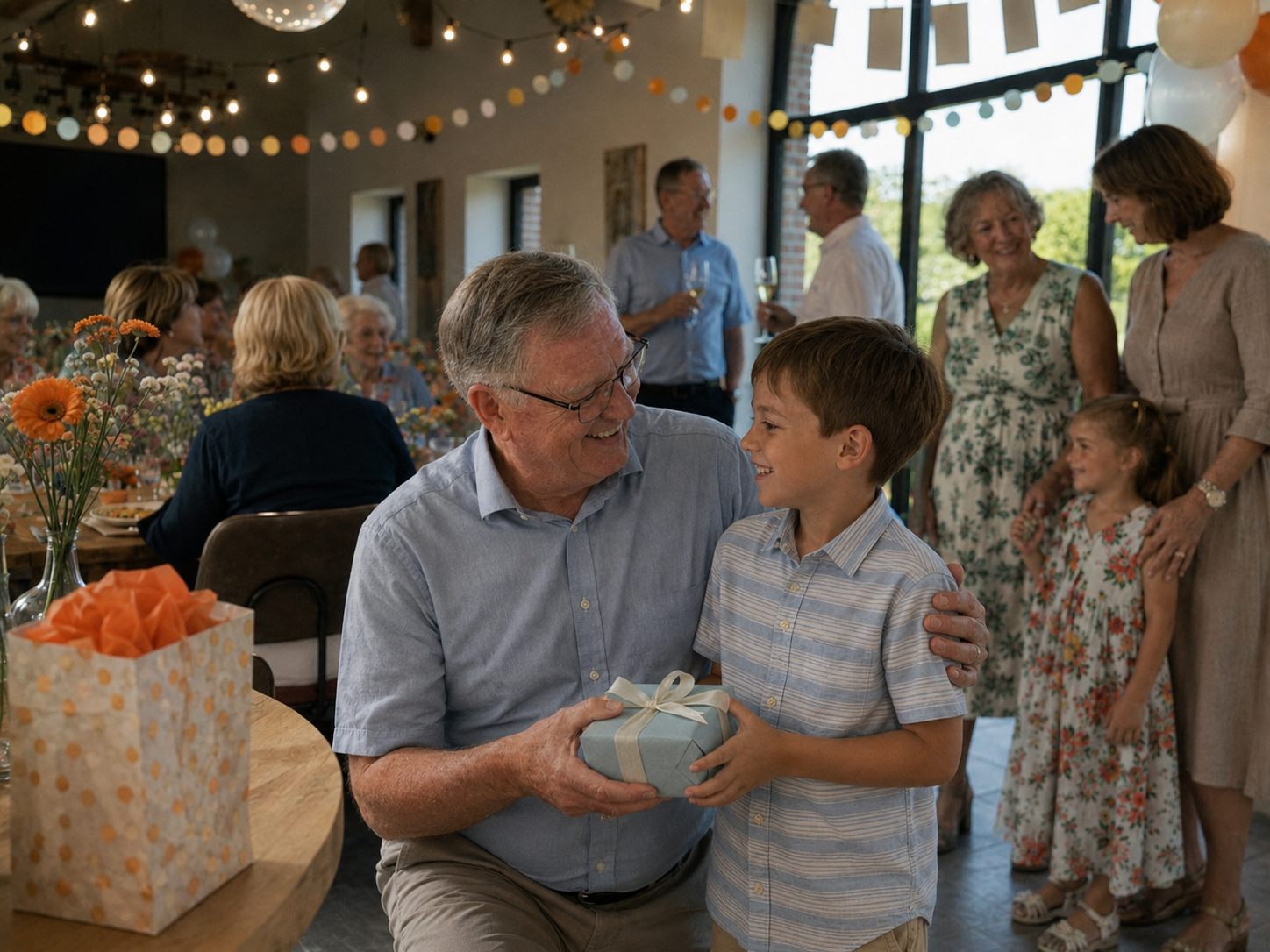 Grootvader krijgt een cadeau van zijn kleinzoon op zijn feest