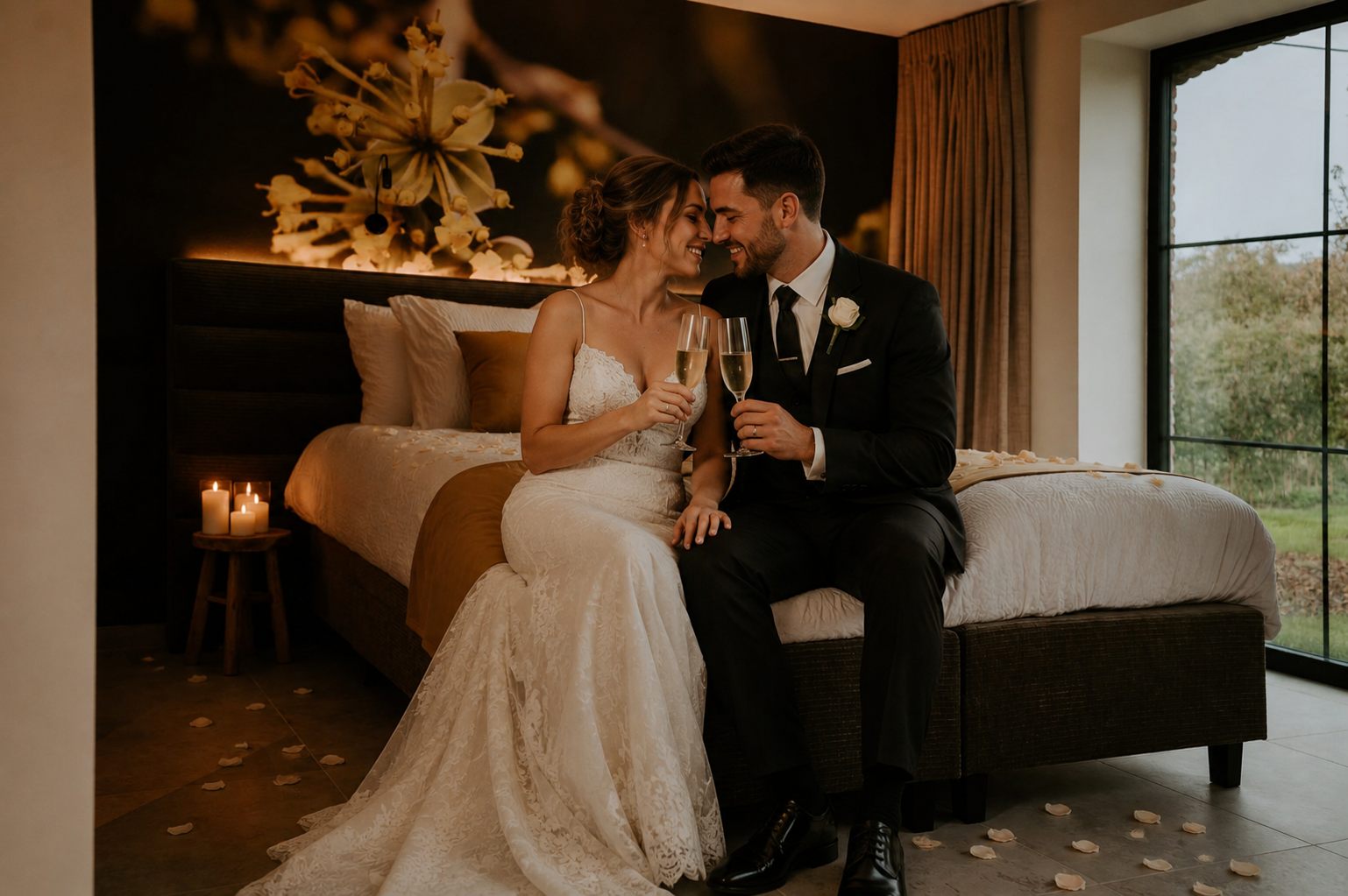 Bruidspaar toost met champagne op de B&B-kamer