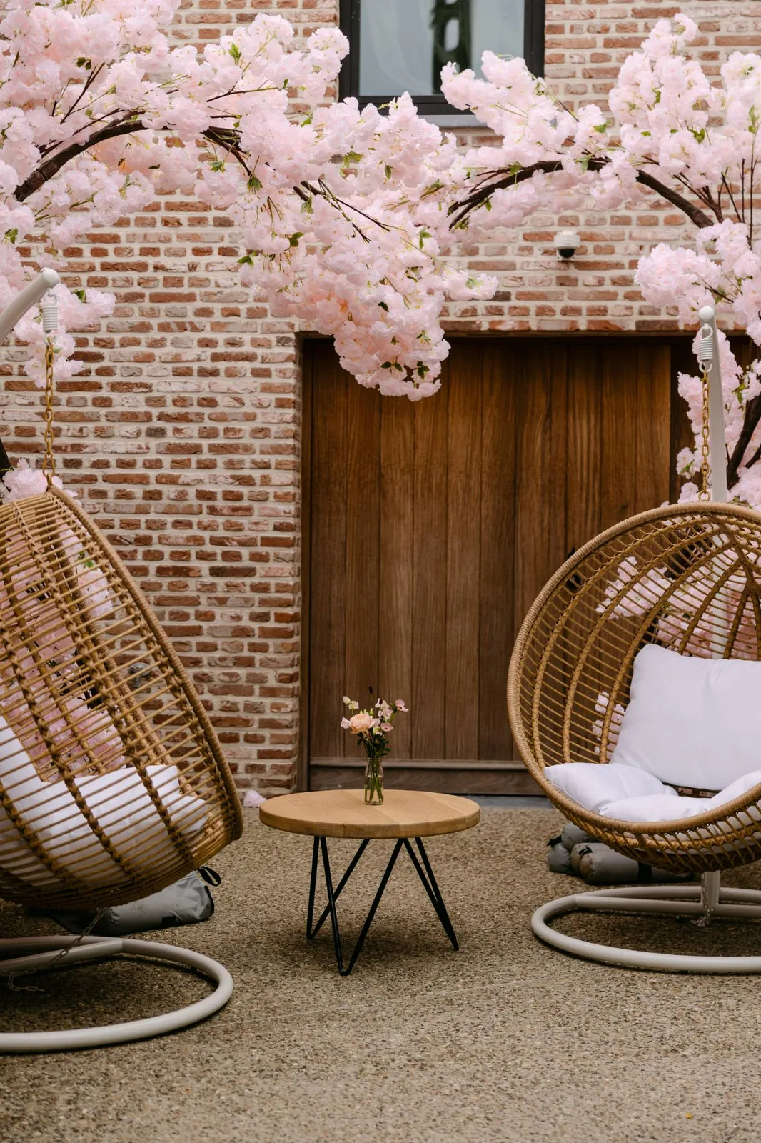 Hangstoelen onder de kersenbloesem op de binnenpatio
