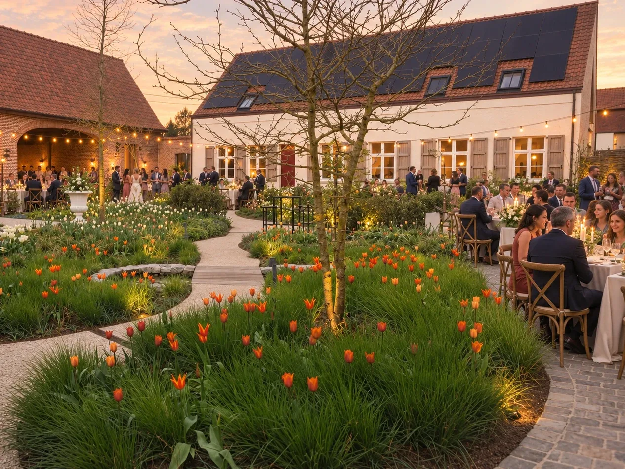 Avondreceptie in de tuin bij zonsondergang, met tulpen en lichtslingers