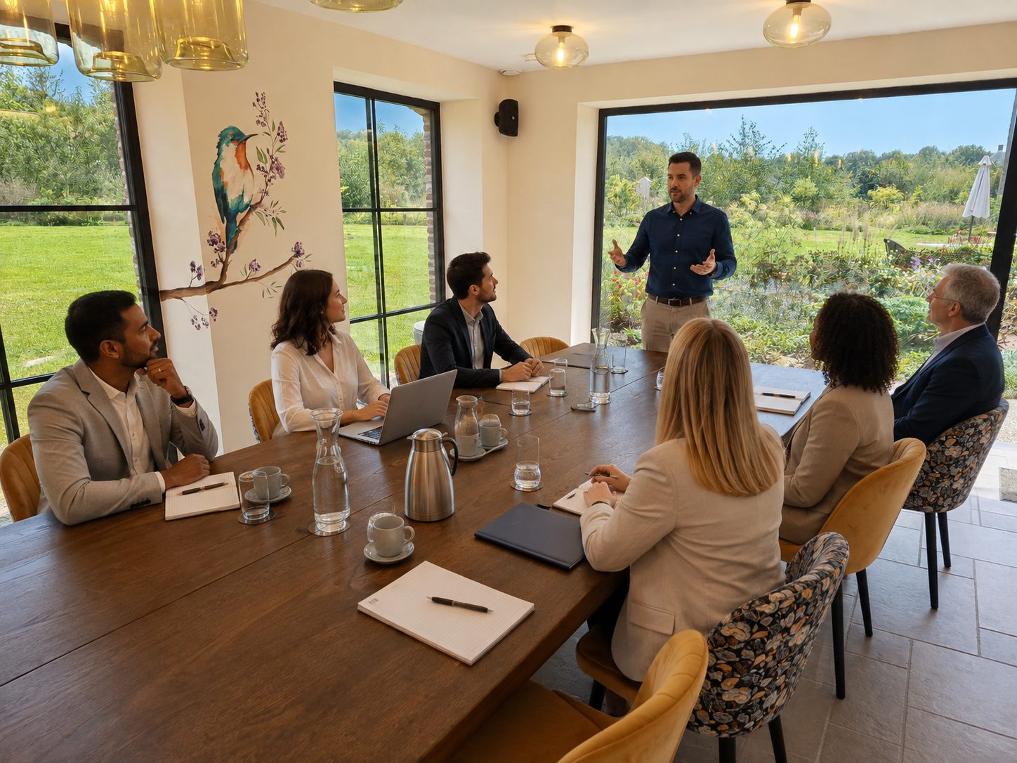 Vergadering in de panoramische boardroom met zicht op de tuin