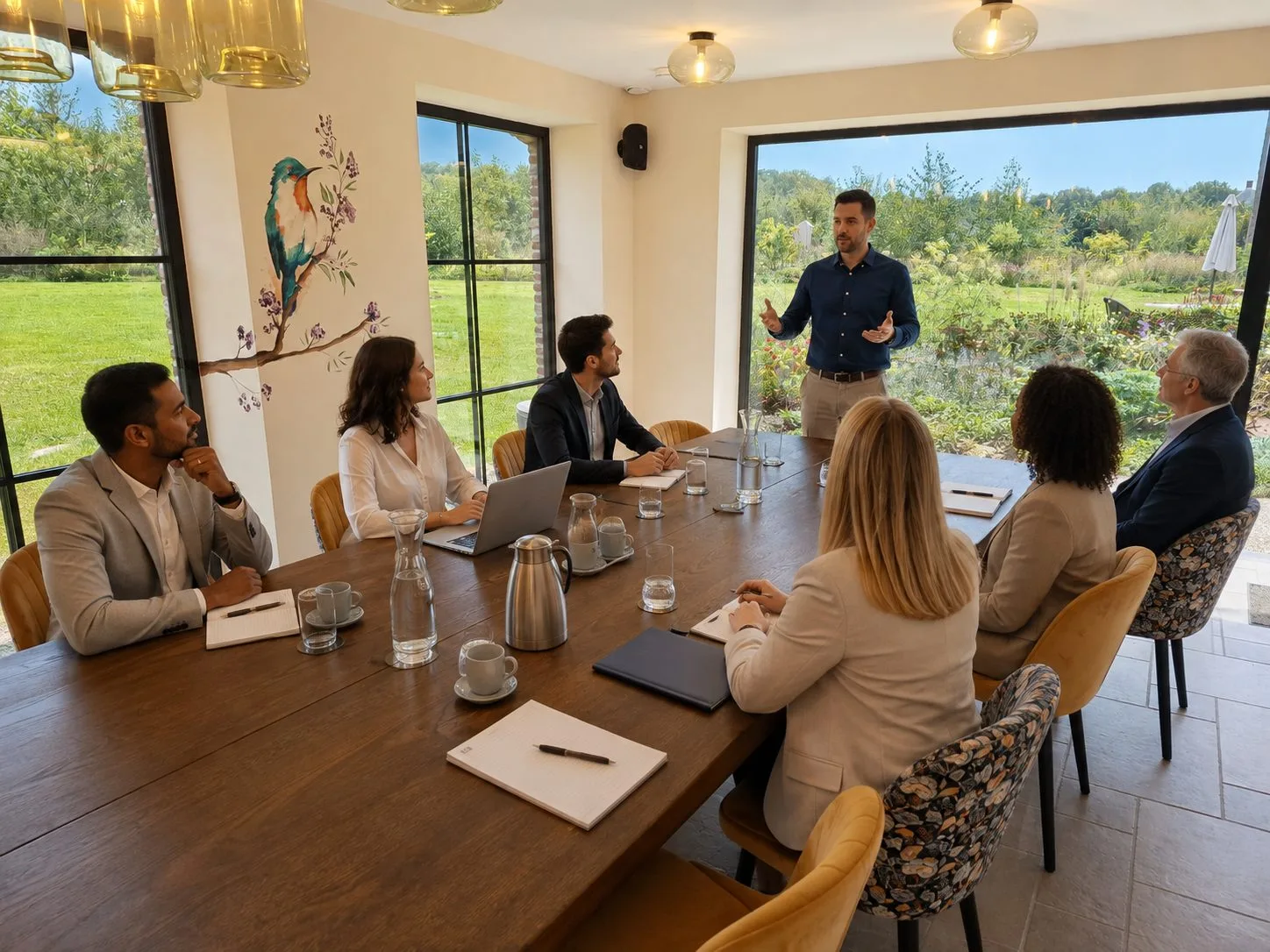 Vergadering in de panoramische boardroom met zicht op de tuin