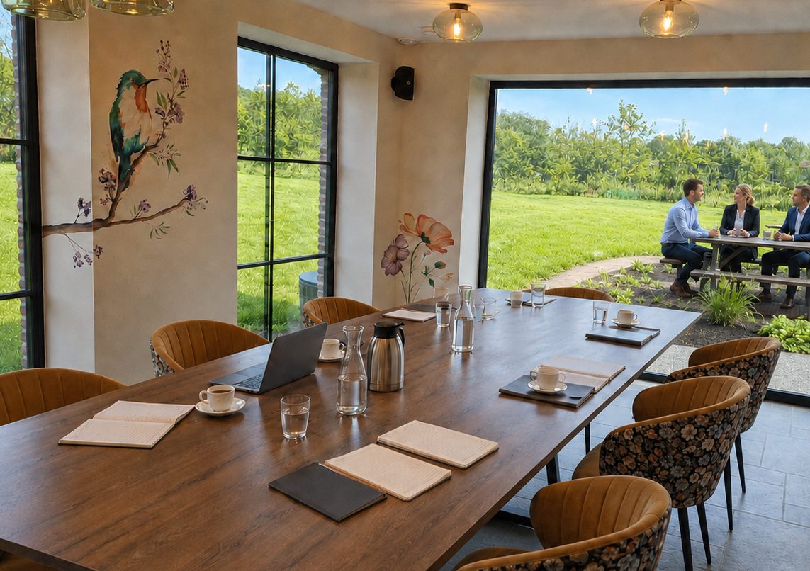 Panoramische boardroom met vergadertafel en zicht op het terras