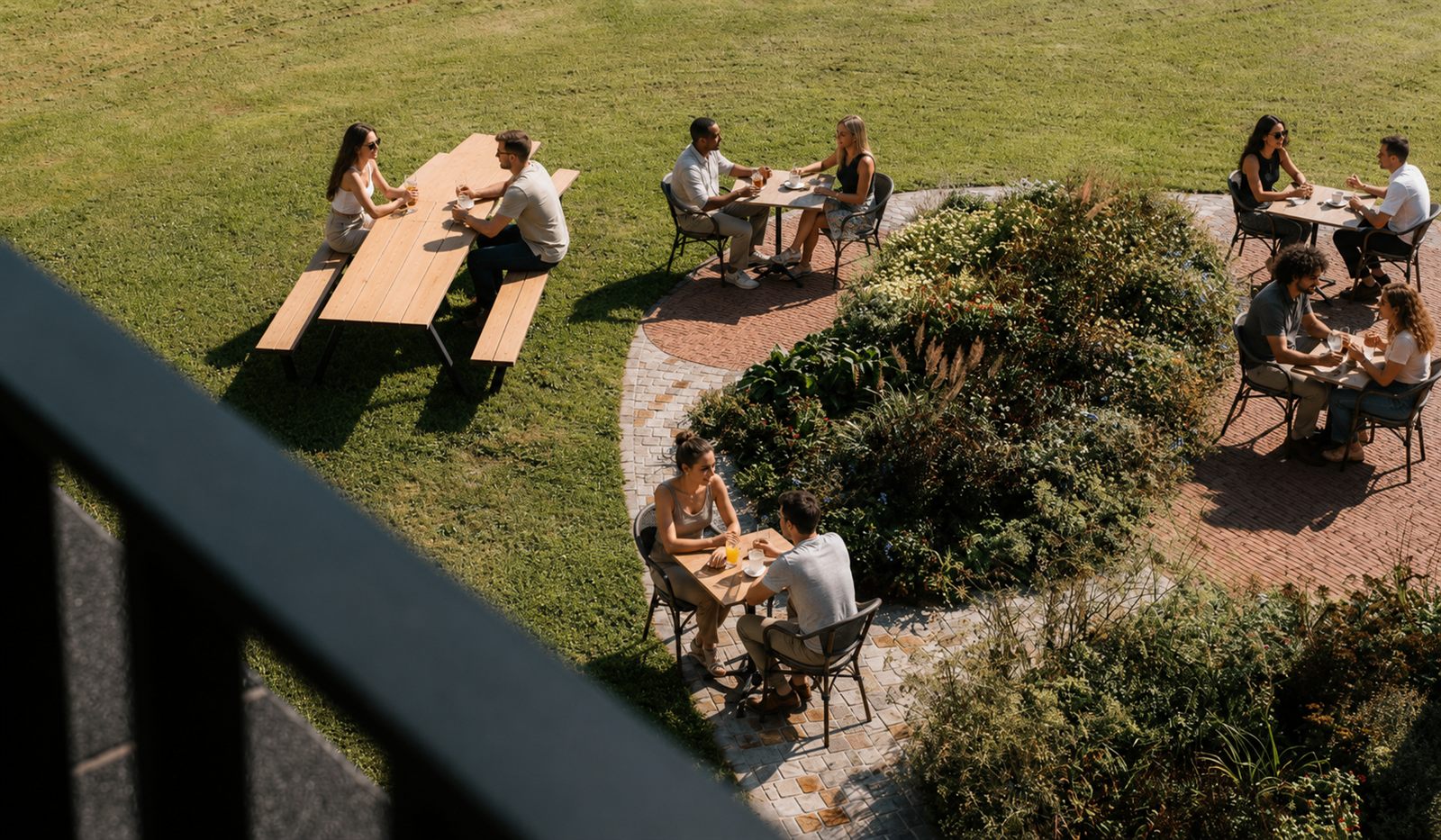 Buitenpauze aan picknicktafels en op het terras