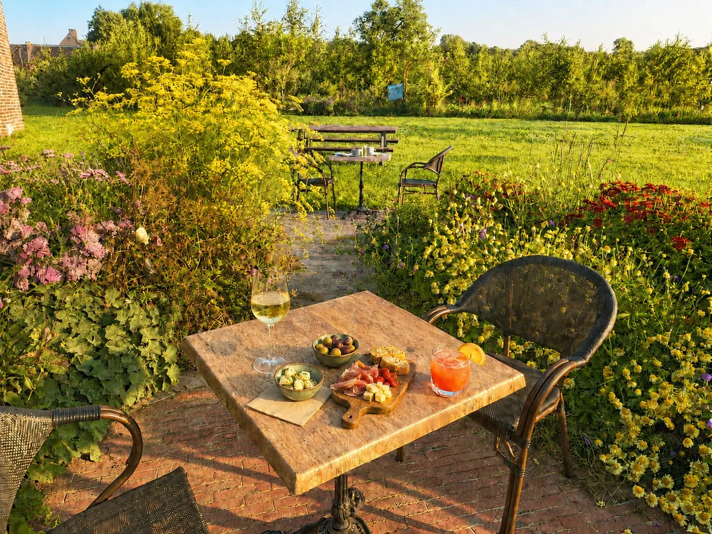 Aperitief op het terras met zicht op de velden