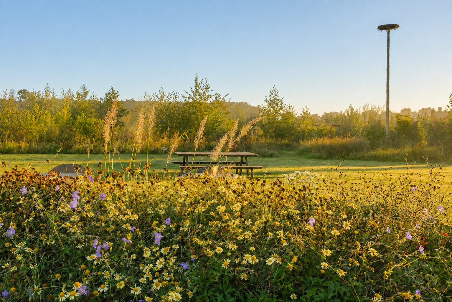Picknicktafel in het voedselbos bij zonsopgang