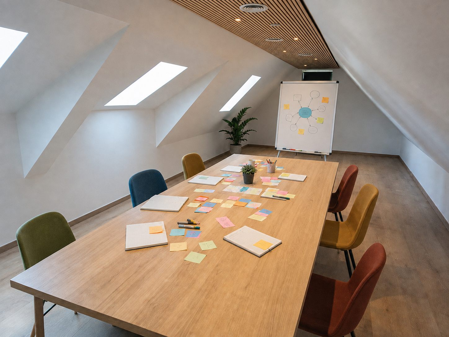 Grote zolderzaal met werktafel en whiteboard