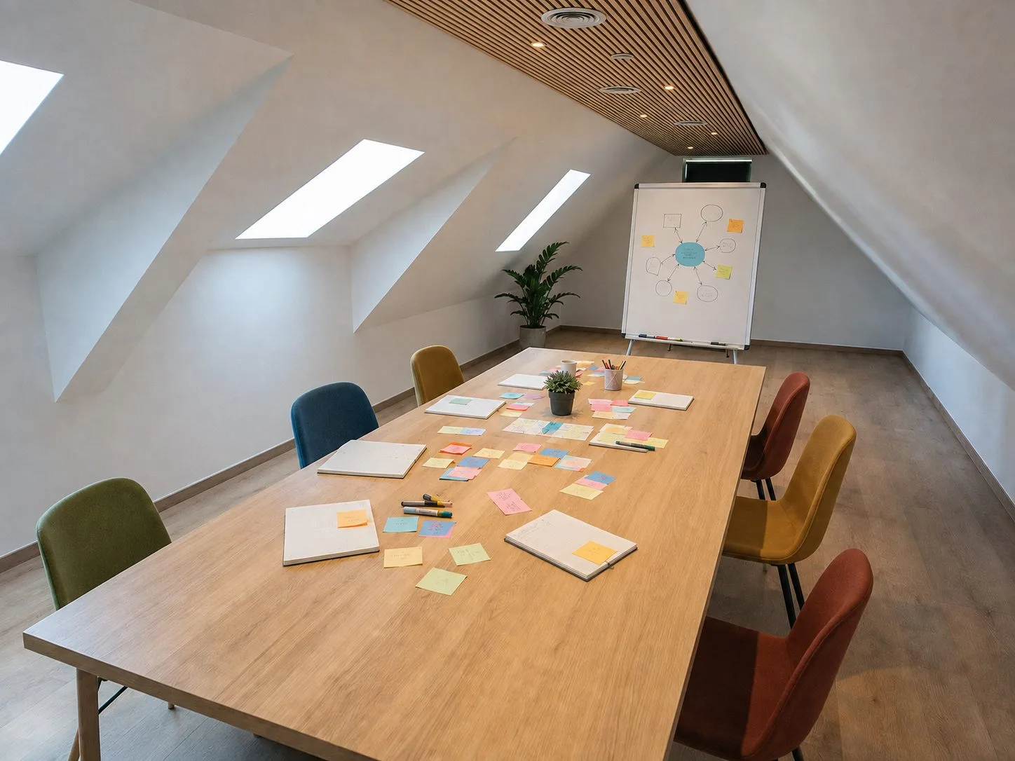 Grote zolderzaal met werktafel en whiteboard
